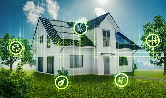 Nachhaltiger Neubau mit Solarpanelen und grünen Umwelt-Symbolen